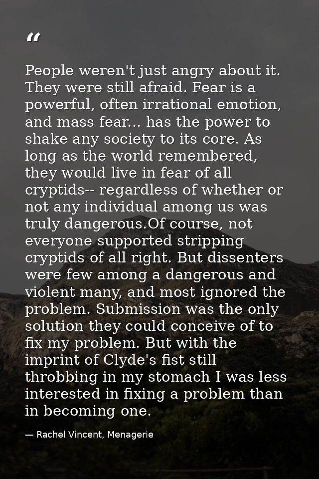 People weren't just angry about it. They were still afraid. Fear is a powerful, often irrational emotion, and mass fear. — Rachel Vincent, Menagerie