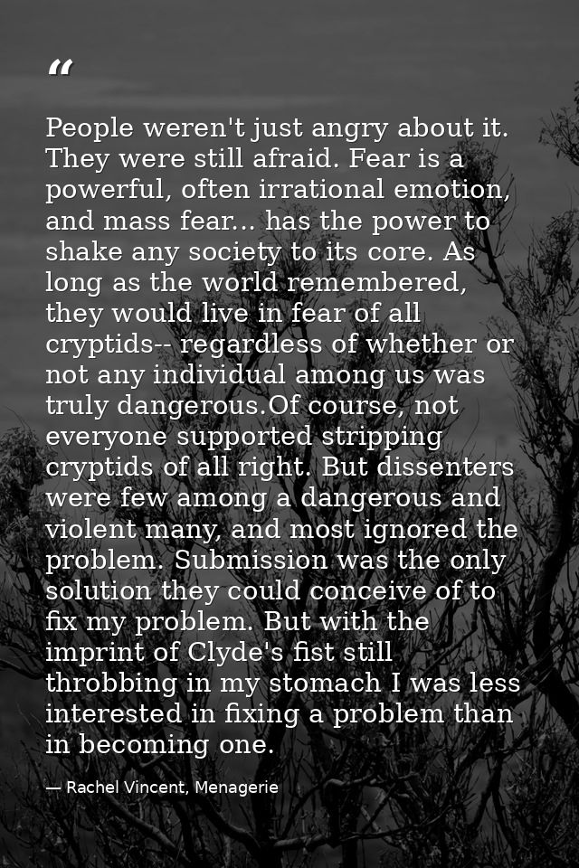 People weren't just angry about it. They were still afraid. Fear is a powerful, often irrational emotion, and mass fear. — Rachel Vincent, Menagerie
