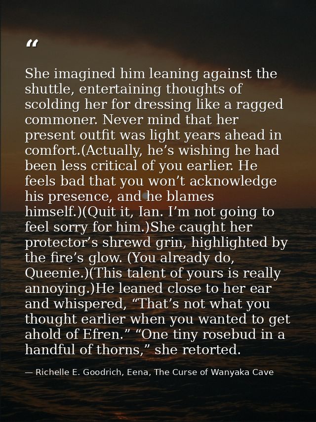 She imagined him leaning against the shuttle, entertaining thoughts of scolding her for dressing like a ragged commoner. — Richelle E. Goodrich, Eena, The Curse of Wanyaka Cave