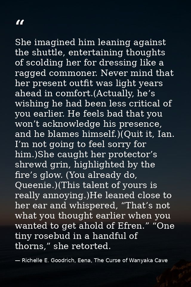 She imagined him leaning against the shuttle, entertaining thoughts of scolding her for dressing like a ragged commoner. — Richelle E. Goodrich, Eena, The Curse of Wanyaka Cave