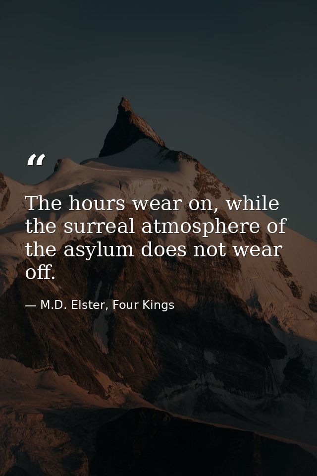 The hours wear on, while the surreal atmosphere of the asylum does not wear off. — M.D. Elster, Four Kings