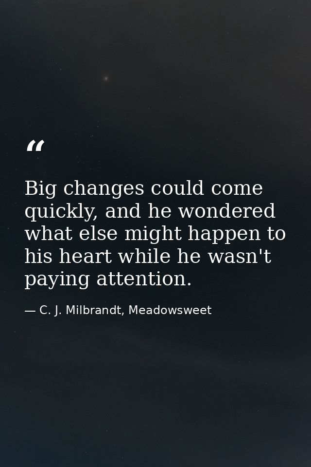 Big changes could come quickly, and he wondered what else might happen to his heart while he wasn't paying attention. — C. J. Milbrandt, Meadowsweet