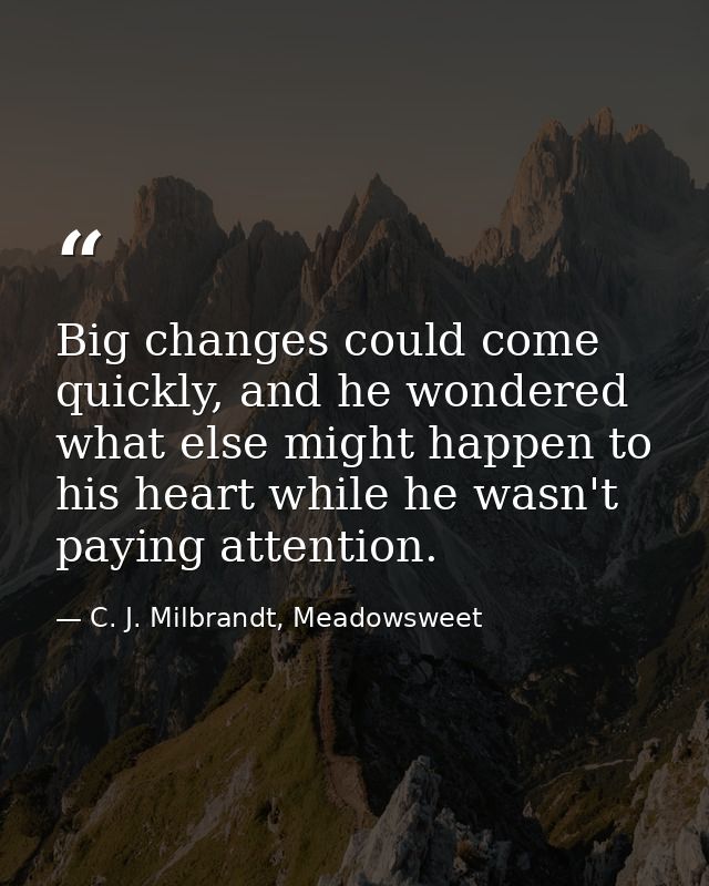 Big changes could come quickly, and he wondered what else might happen to his heart while he wasn't paying attention. — C. J. Milbrandt, Meadowsweet