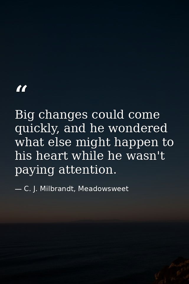 Big changes could come quickly, and he wondered what else might happen to his heart while he wasn't paying attention. — C. J. Milbrandt, Meadowsweet