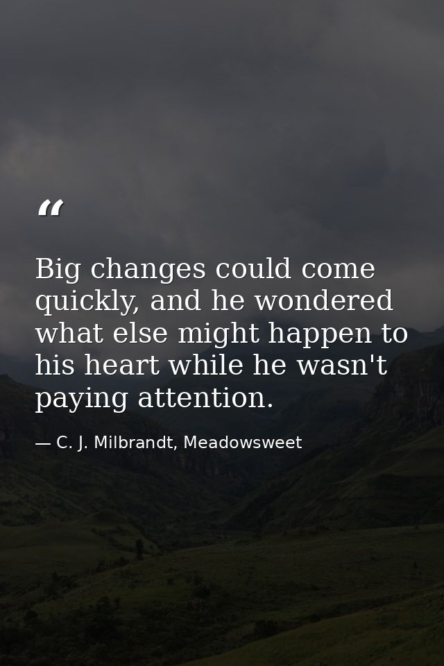 Big changes could come quickly, and he wondered what else might happen to his heart while he wasn't paying attention. — C. J. Milbrandt, Meadowsweet