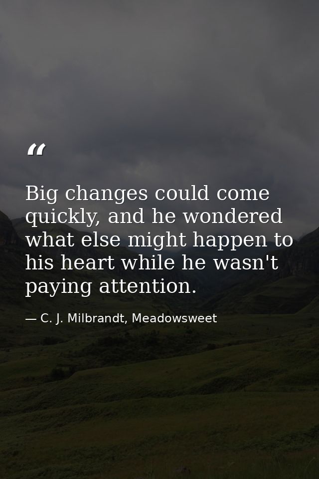 Big changes could come quickly, and he wondered what else might happen to his heart while he wasn't paying attention. — C. J. Milbrandt, Meadowsweet