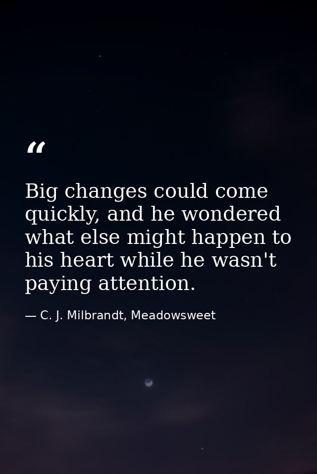 Big changes could come quickly, and he wondered what else might happen to his heart while he wasn't paying attention. — C. J. Milbrandt, Meadowsweet