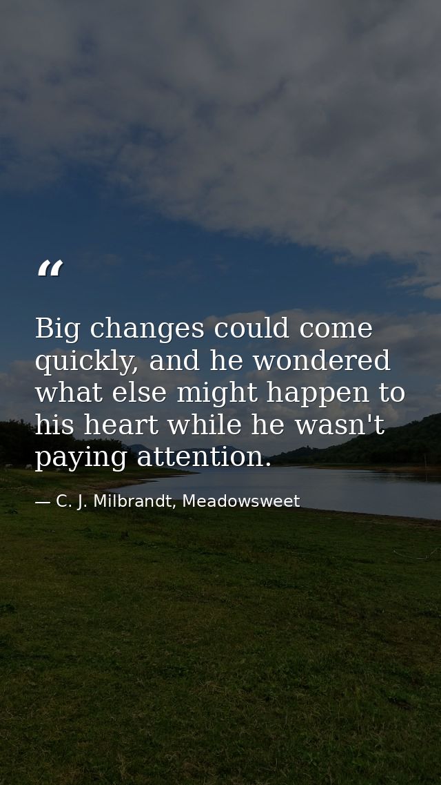 Big changes could come quickly, and he wondered what else might happen to his heart while he wasn't paying attention. — C. J. Milbrandt, Meadowsweet
