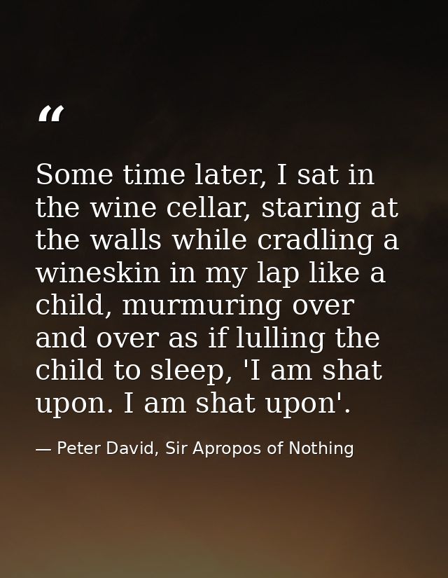 Some time later, I sat in the wine cellar, staring at the walls while cradling a wineskin in my lap like a child, murmur — Peter David, Sir Apropos of Nothing