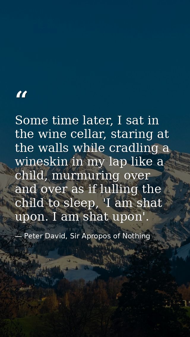 Some time later, I sat in the wine cellar, staring at the walls while cradling a wineskin in my lap like a child, murmur — Peter David, Sir Apropos of Nothing
