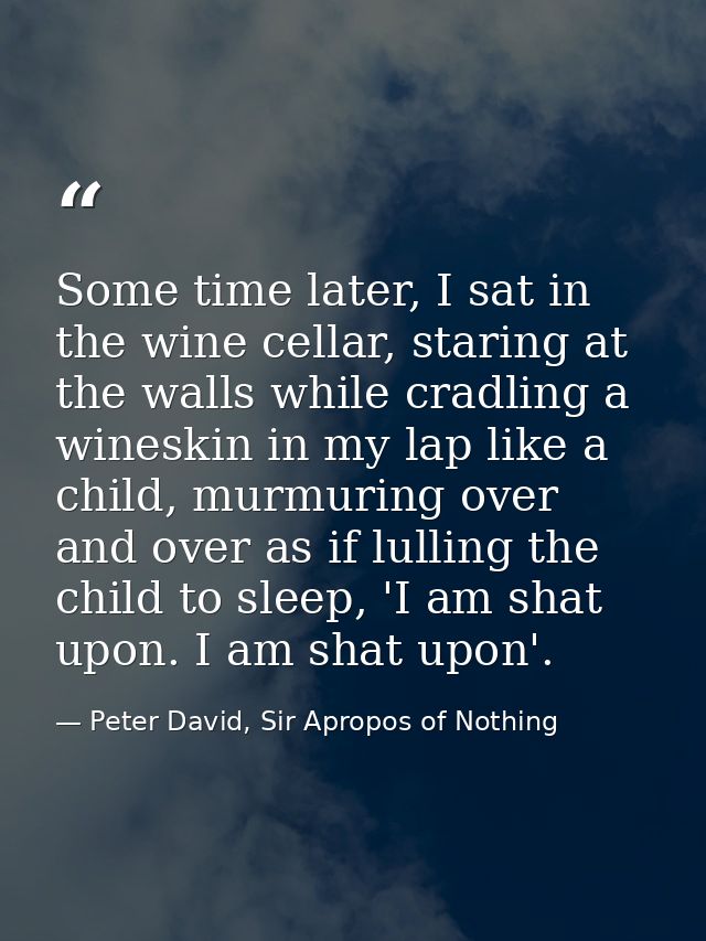 Some time later, I sat in the wine cellar, staring at the walls while cradling a wineskin in my lap like a child, murmur — Peter David, Sir Apropos of Nothing