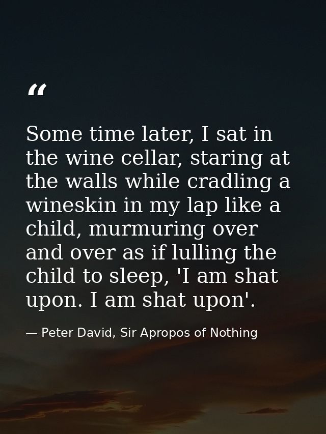 Some time later, I sat in the wine cellar, staring at the walls while cradling a wineskin in my lap like a child, murmur — Peter David, Sir Apropos of Nothing