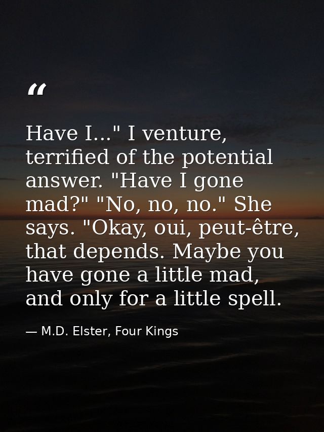 Have I..." I venture, terrified of the potential answer. "Have I gone mad?" "No, no, no." She says. "Okay, oui, peut-êtr — M.D. Elster, Four Kings