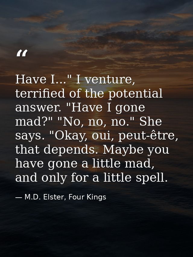 Have I..." I venture, terrified of the potential answer. "Have I gone mad?" "No, no, no." She says. "Okay, oui, peut-êtr — M.D. Elster, Four Kings