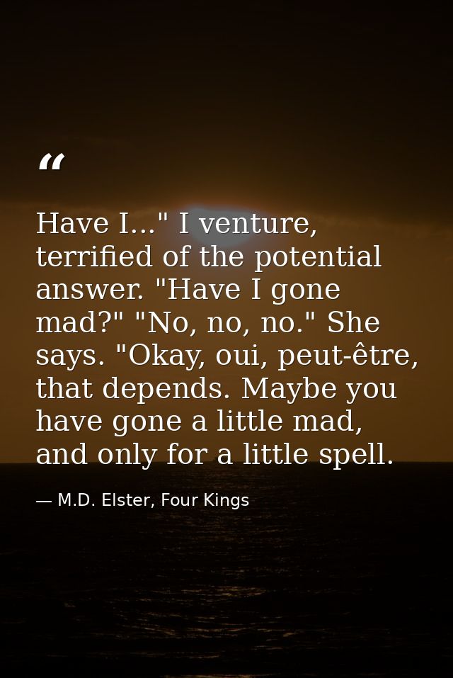 Have I..." I venture, terrified of the potential answer. "Have I gone mad?" "No, no, no." She says. "Okay, oui, peut-êtr — M.D. Elster, Four Kings
