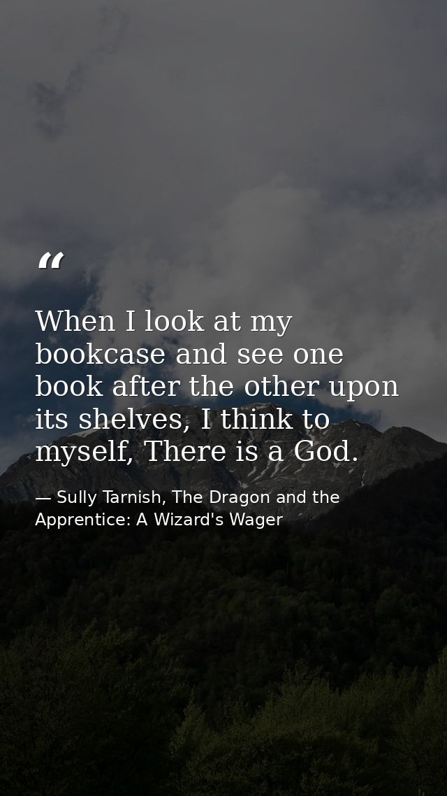 When I look at my bookcase and see one book after the other upon its shelves, I think to myself, There is a God. — Sully Tarnish, The Dragon and the Apprentice: A Wizard's Wager
