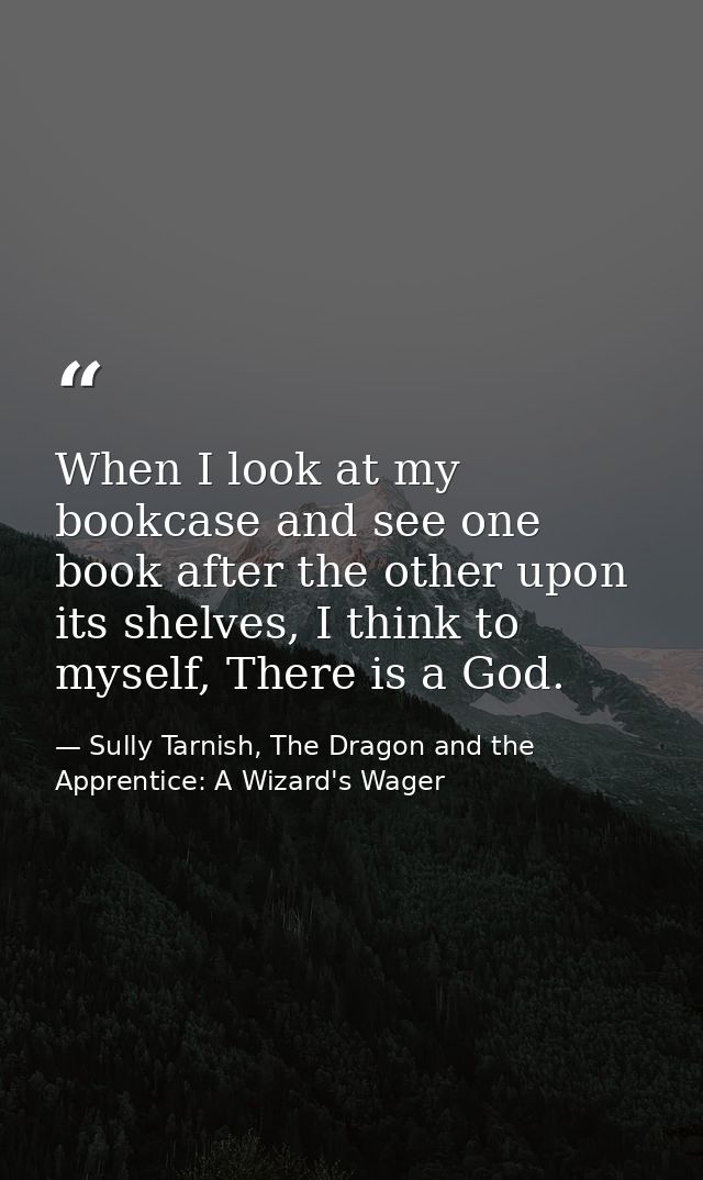 When I look at my bookcase and see one book after the other upon its shelves, I think to myself, There is a God. — Sully Tarnish, The Dragon and the Apprentice: A Wizard's Wager