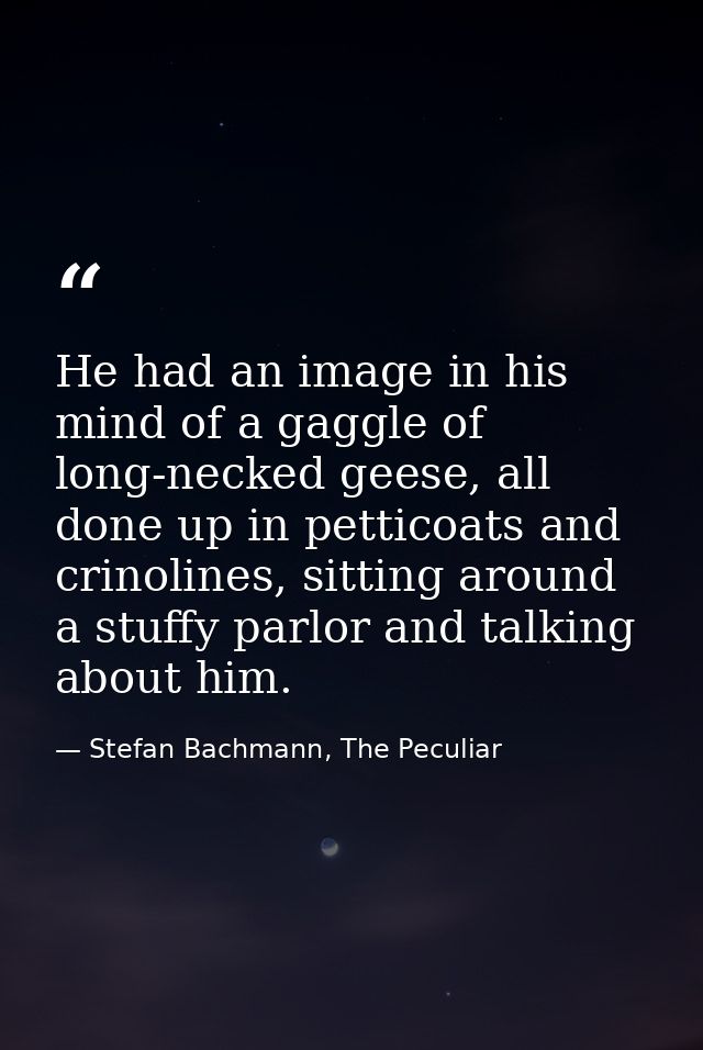 He had an image in his mind of a gaggle of long-necked geese, all done up in petticoats and crinolines, sitting around a — Stefan Bachmann, The Peculiar
