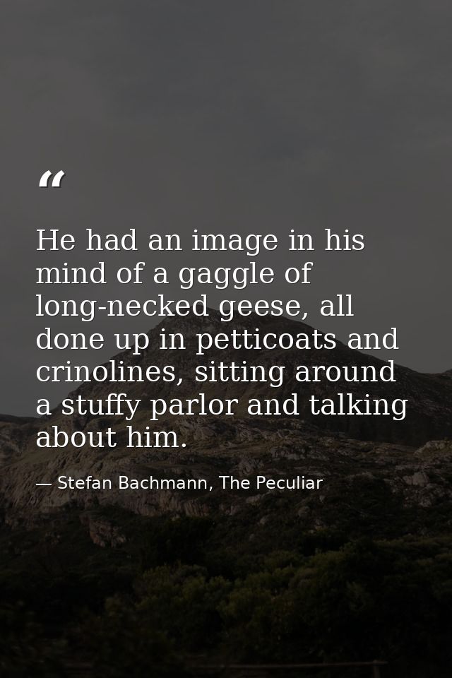 He had an image in his mind of a gaggle of long-necked geese, all done up in petticoats and crinolines, sitting around a — Stefan Bachmann, The Peculiar