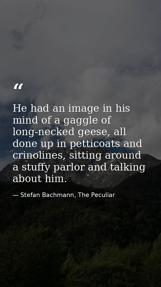 He had an image in his mind of a gaggle of long-necked geese, all done up in petticoats and crinolines, sitting around a — Stefan Bachmann, The Peculiar