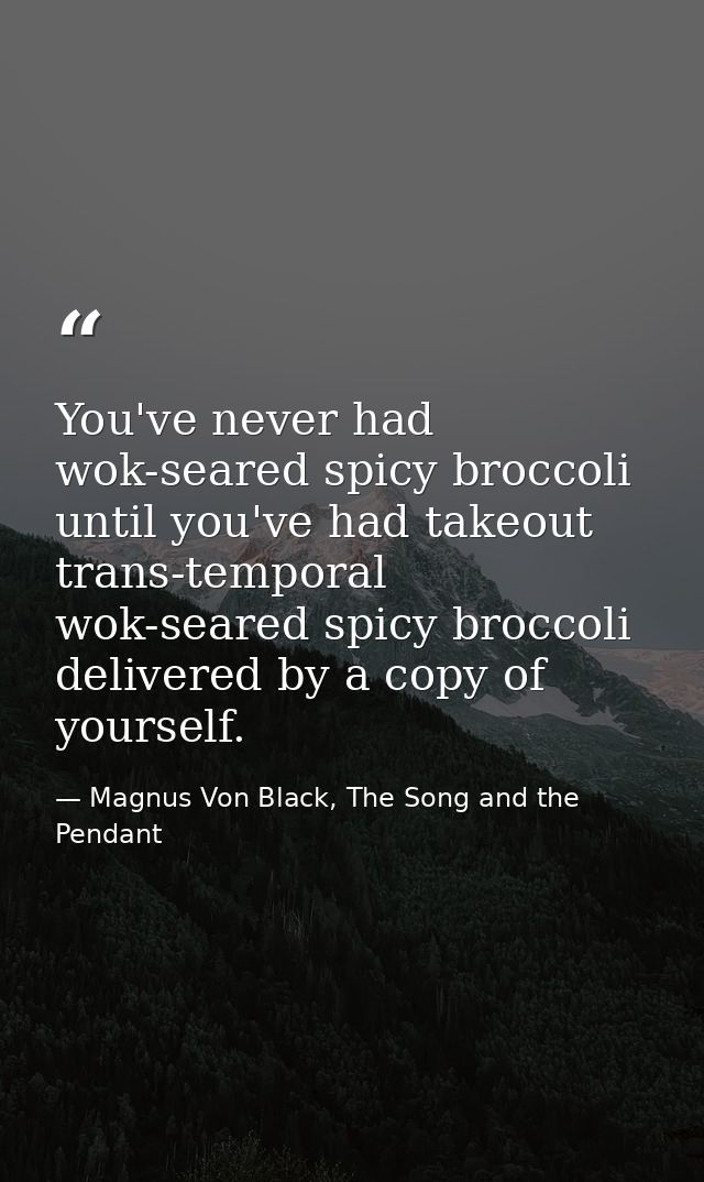 You've never had wok-seared spicy broccoli until you've had takeout trans-temporal wok-seared spicy broccoli delivered b — Magnus Von Black, The Song and the Pendant