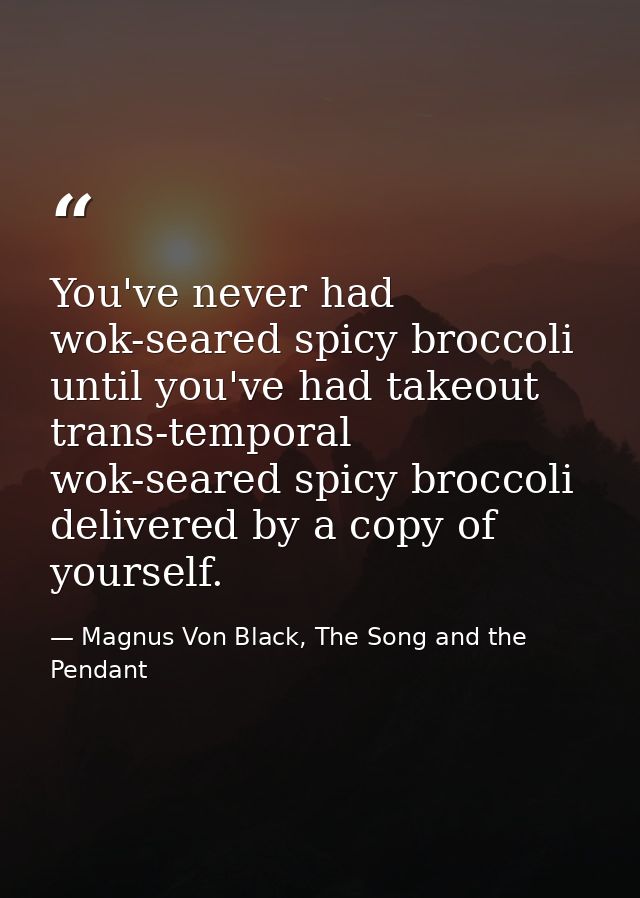 You've never had wok-seared spicy broccoli until you've had takeout trans-temporal wok-seared spicy broccoli delivered b — Magnus Von Black, The Song and the Pendant