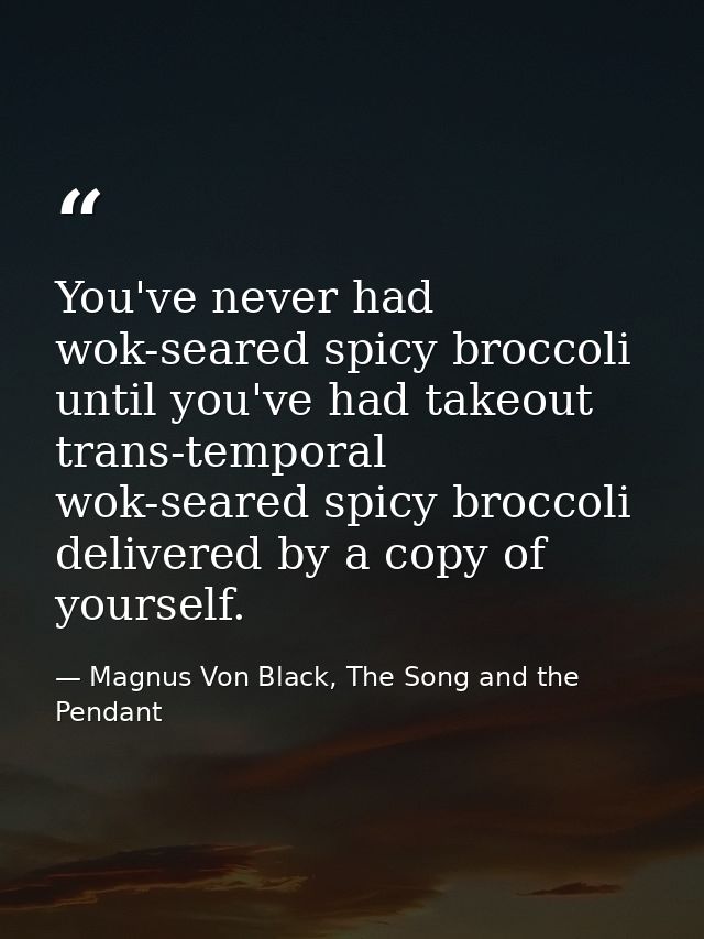 You've never had wok-seared spicy broccoli until you've had takeout trans-temporal wok-seared spicy broccoli delivered b — Magnus Von Black, The Song and the Pendant