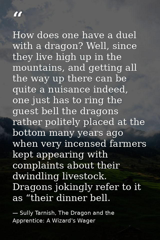 How does one have a duel with a dragon? Well, since they live high up in the mountains, and getting all the way up there — Sully Tarnish, The Dragon and the Apprentice: A Wizard's Wager