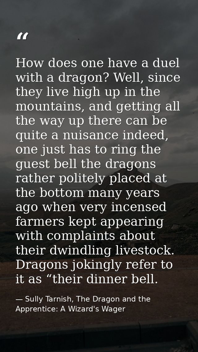 How does one have a duel with a dragon? Well, since they live high up in the mountains, and getting all the way up there — Sully Tarnish, The Dragon and the Apprentice: A Wizard's Wager