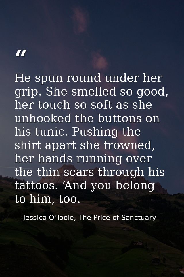 He spun round under her grip. She smelled so good, her touch so soft as she unhooked the buttons on his tunic. Pushing t — Jessica O'Toole, The Price of Sanctuary