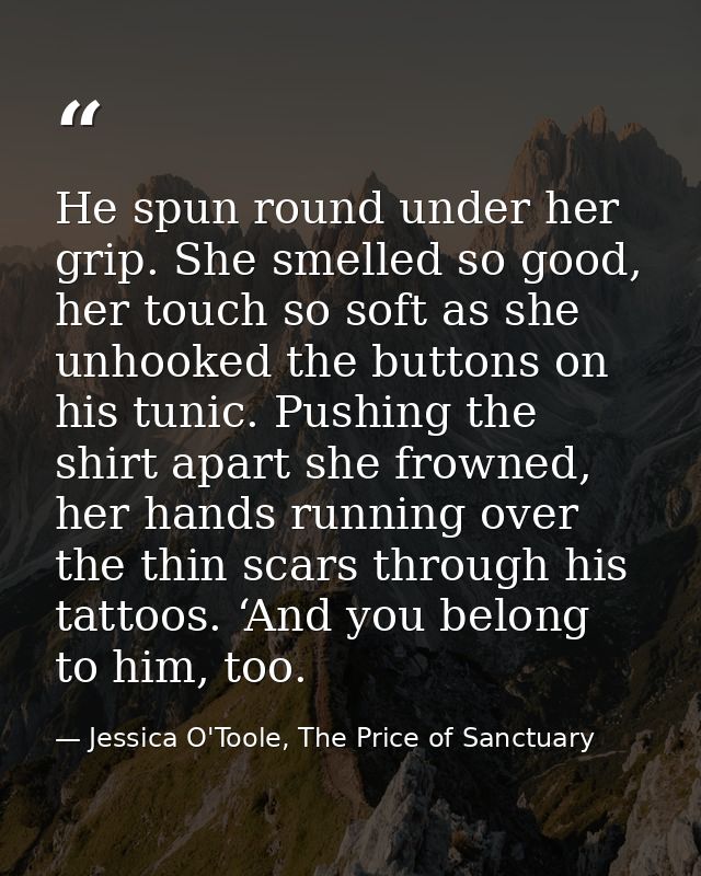 He spun round under her grip. She smelled so good, her touch so soft as she unhooked the buttons on his tunic. Pushing t — Jessica O'Toole, The Price of Sanctuary