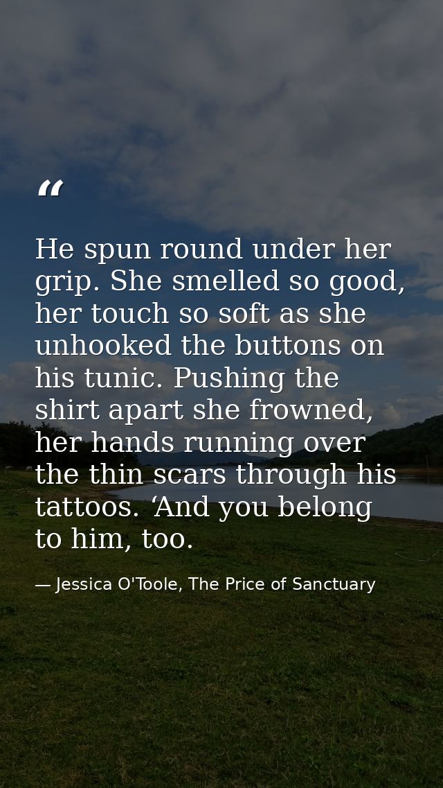 He spun round under her grip. She smelled so good, her touch so soft as she unhooked the buttons on his tunic. Pushing t — Jessica O'Toole, The Price of Sanctuary