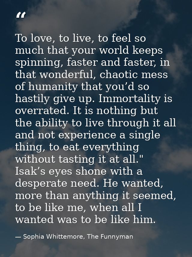 To love, to live, to feel so much that your world keeps spinning, faster and faster, in that wonderful, chaotic mess of  — Sophia Whittemore, The Funnyman