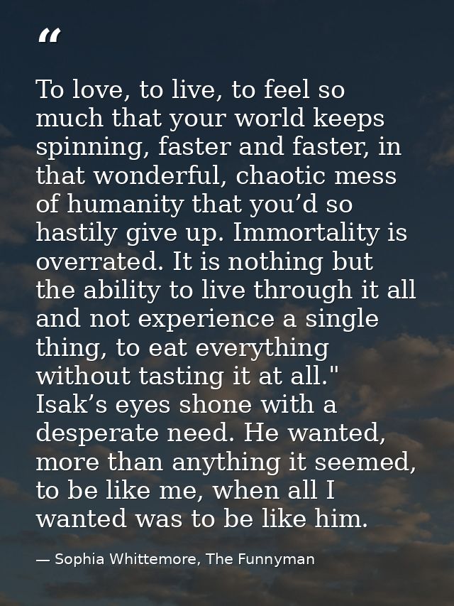 To love, to live, to feel so much that your world keeps spinning, faster and faster, in that wonderful, chaotic mess of  — Sophia Whittemore, The Funnyman