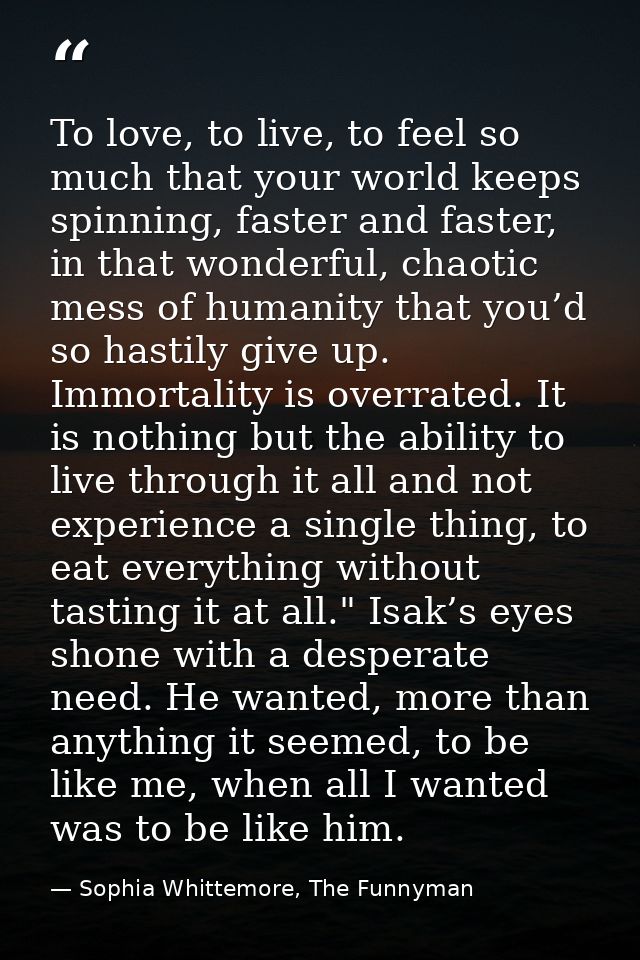 To love, to live, to feel so much that your world keeps spinning, faster and faster, in that wonderful, chaotic mess of  — Sophia Whittemore, The Funnyman