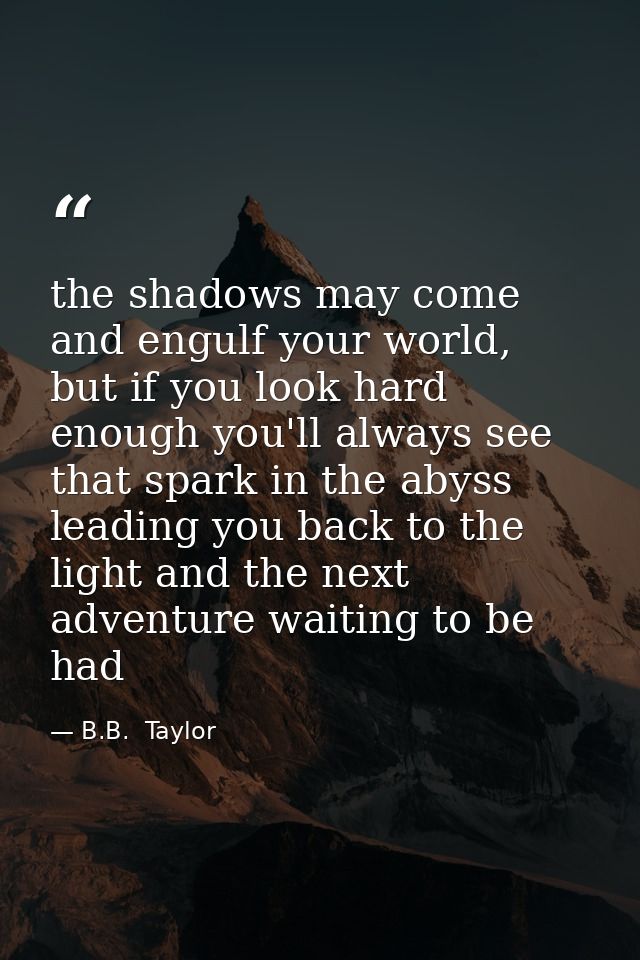 the shadows may come and engulf your world, but if you look hard enough you'll always see that spark in the abyss leadin — B.B.  Taylor