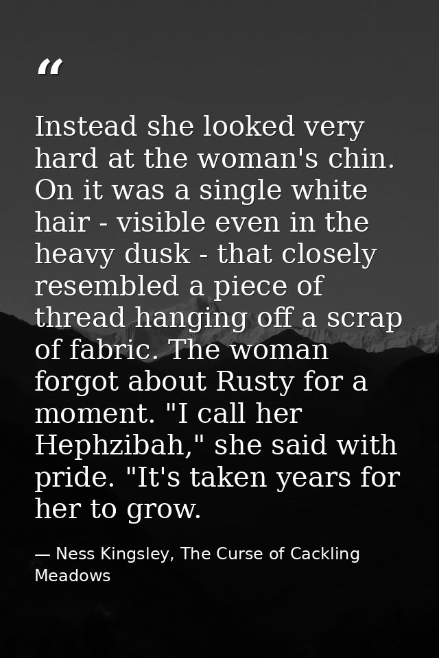 Instead she looked very hard at the woman's chin. On it was a single white hair - visible even in the heavy dusk - that  — Ness Kingsley, The Curse of Cackling Meadows
