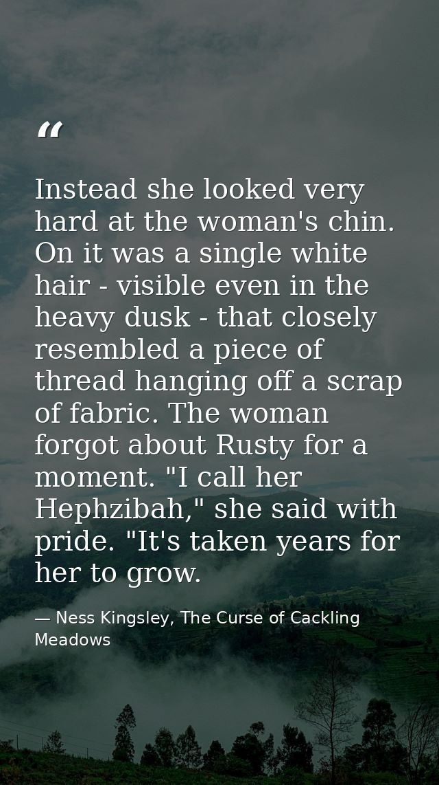 Instead she looked very hard at the woman's chin. On it was a single white hair - visible even in the heavy dusk - that  — Ness Kingsley, The Curse of Cackling Meadows