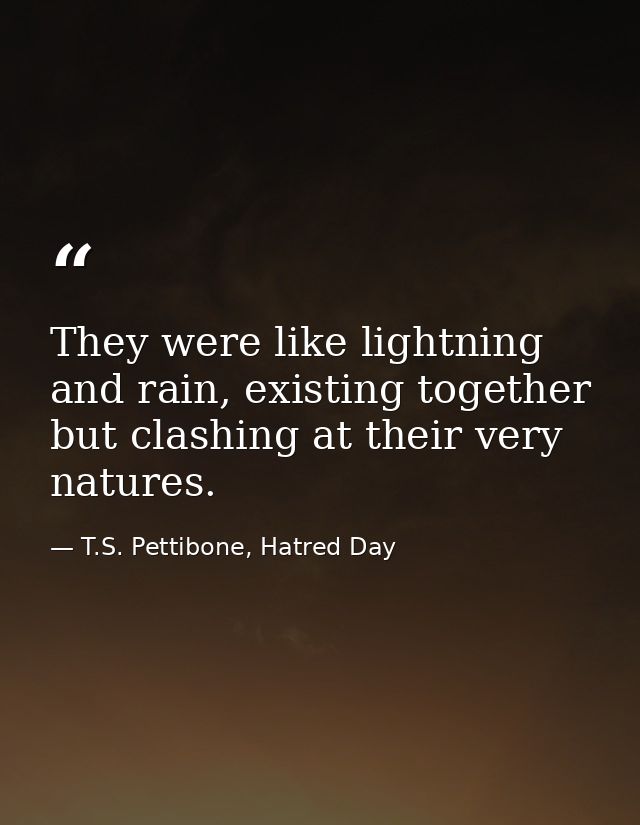 They were like lightning and rain, existing together but clashing at their very natures. — T.S. Pettibone, Hatred Day