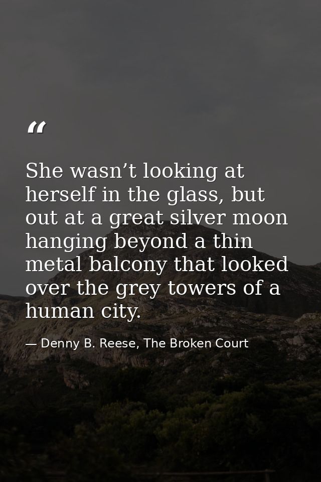 She wasn’t looking at herself in the glass, but out at a great silver moon hanging beyond a thin metal balcony that look — Denny B. Reese, The Broken Court