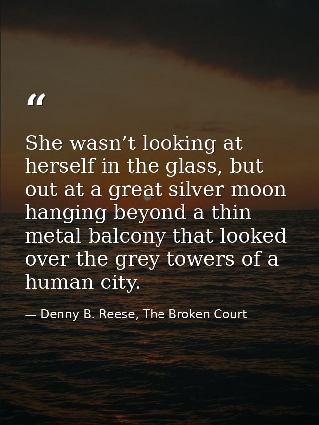 She wasn’t looking at herself in the glass, but out at a great silver moon hanging beyond a thin metal balcony that look — Denny B. Reese, The Broken Court