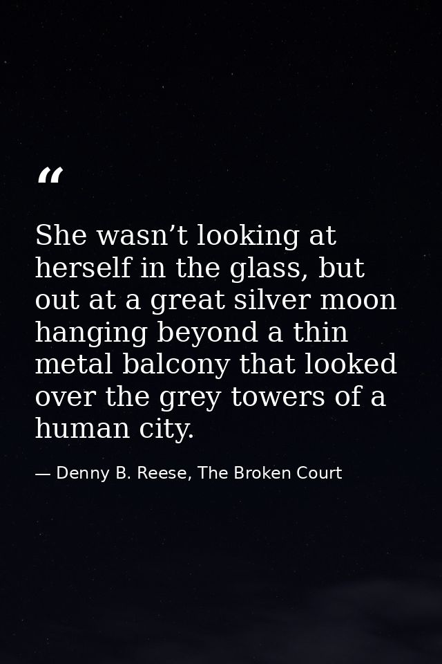 She wasn’t looking at herself in the glass, but out at a great silver moon hanging beyond a thin metal balcony that look — Denny B. Reese, The Broken Court