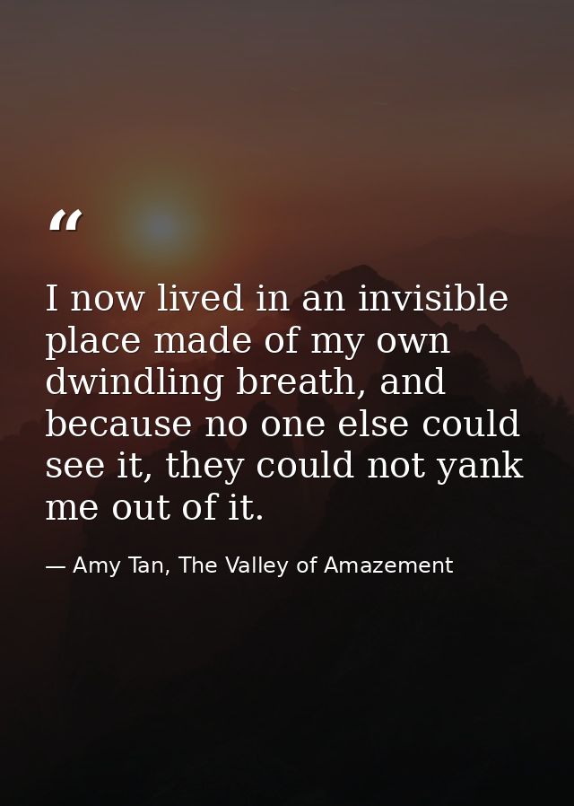 I now lived in an invisible place made of my own dwindling breath, and because no one else could see it, they could not  — Amy Tan, The Valley of Amazement