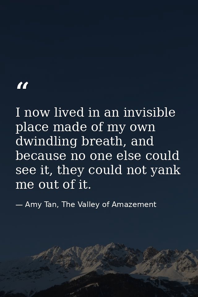 I now lived in an invisible place made of my own dwindling breath, and because no one else could see it, they could not  — Amy Tan, The Valley of Amazement