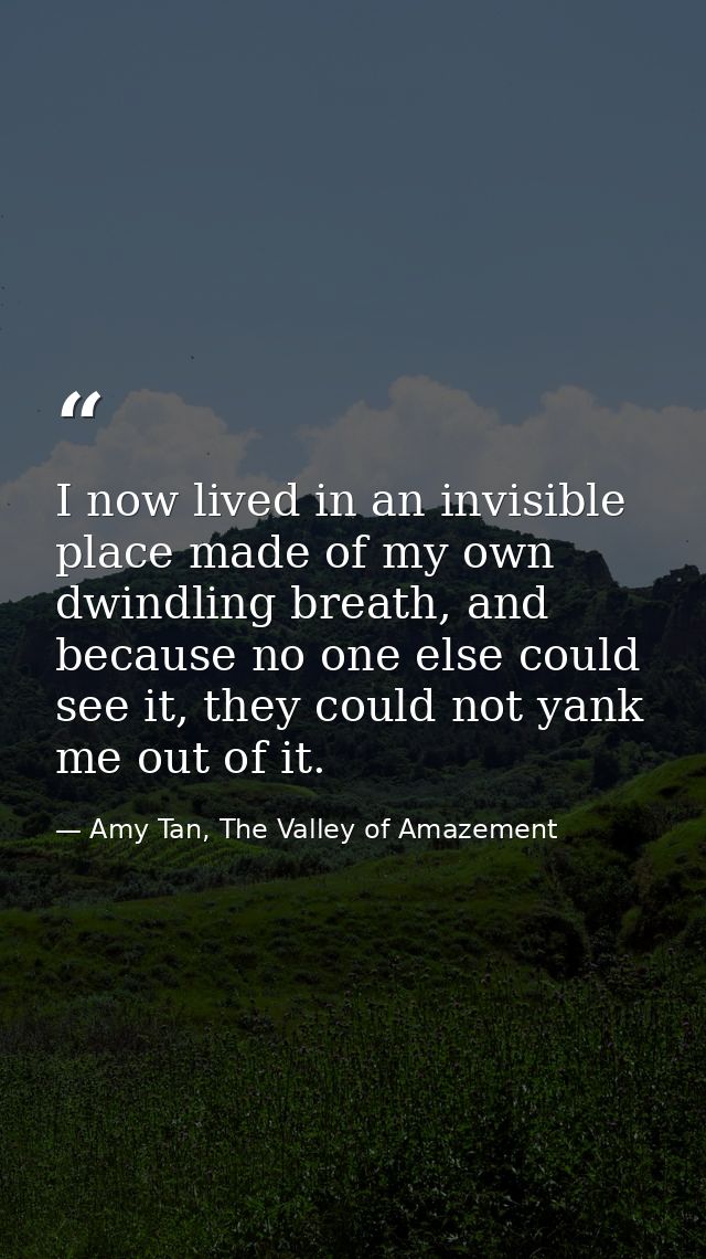 I now lived in an invisible place made of my own dwindling breath, and because no one else could see it, they could not  — Amy Tan, The Valley of Amazement