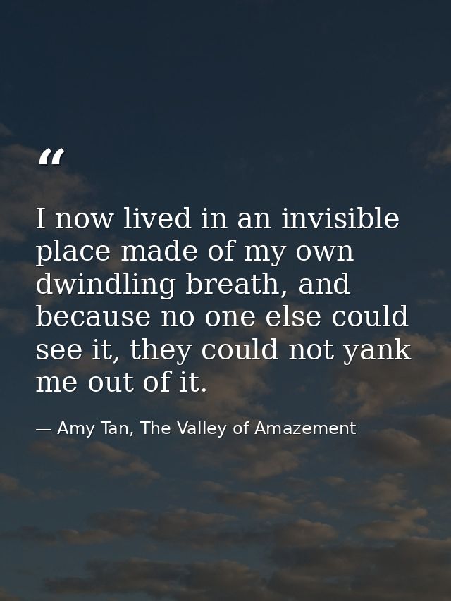 I now lived in an invisible place made of my own dwindling breath, and because no one else could see it, they could not  — Amy Tan, The Valley of Amazement