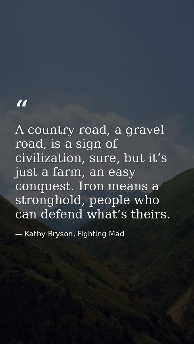 A country road, a gravel road, is a sign of civilization, sure, but it’s just a farm, an easy conquest. Iron means a str — Kathy Bryson, Fighting Mad