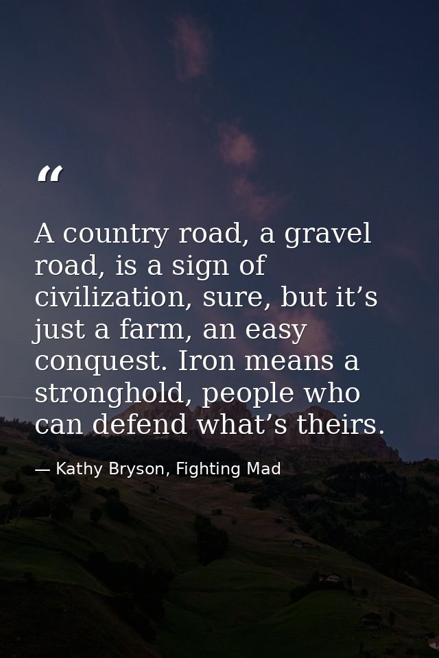 A country road, a gravel road, is a sign of civilization, sure, but it’s just a farm, an easy conquest. Iron means a str — Kathy Bryson, Fighting Mad