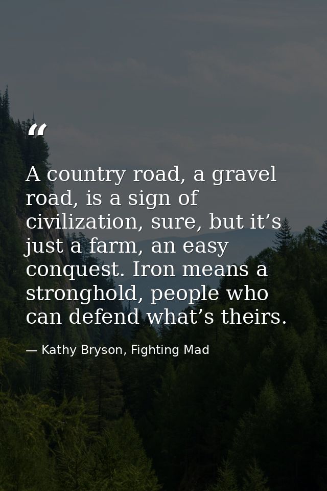 A country road, a gravel road, is a sign of civilization, sure, but it’s just a farm, an easy conquest. Iron means a str — Kathy Bryson, Fighting Mad