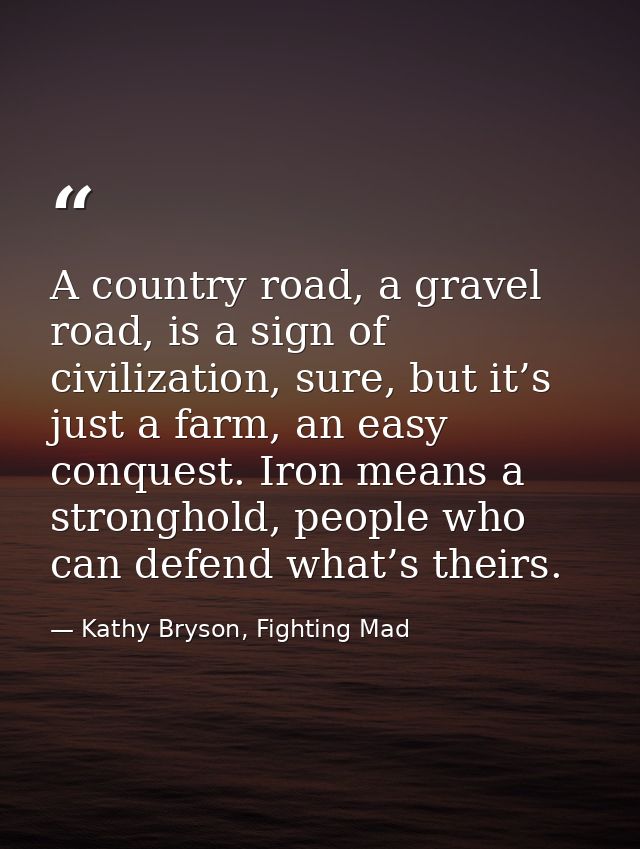 A country road, a gravel road, is a sign of civilization, sure, but it’s just a farm, an easy conquest. Iron means a str — Kathy Bryson, Fighting Mad